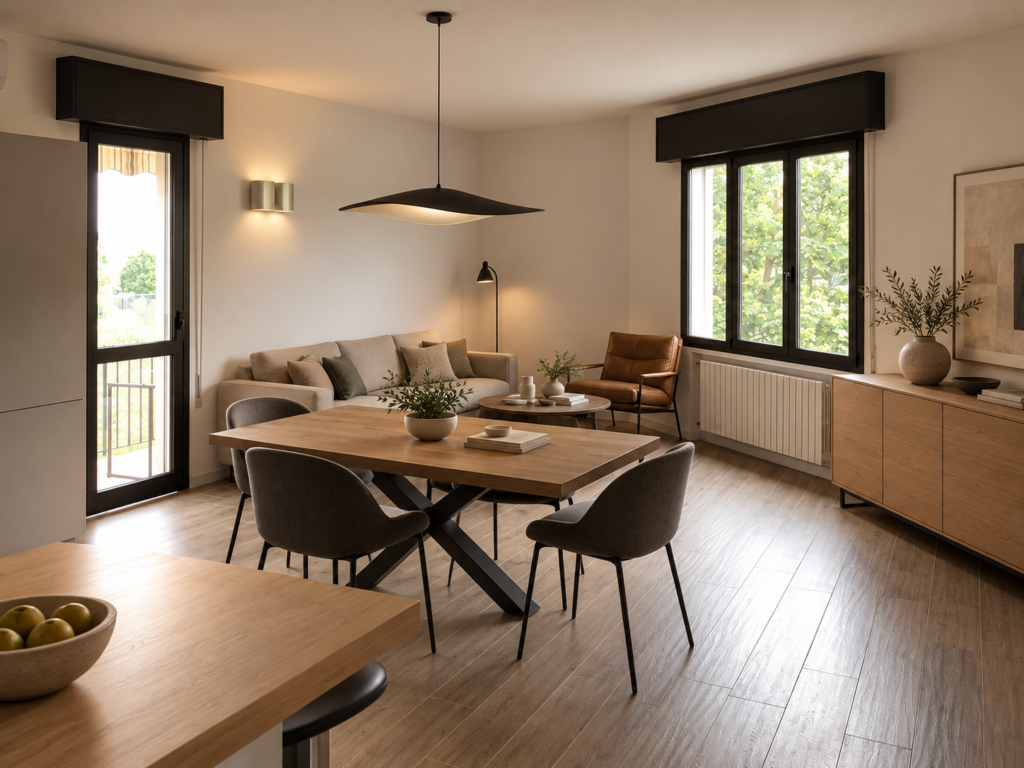 Evoluzione progettuale del soggiorno di Appartamento AV a Padova, con divano chiaro, sedie antracite, tavolo in legno e lampada sospesa.