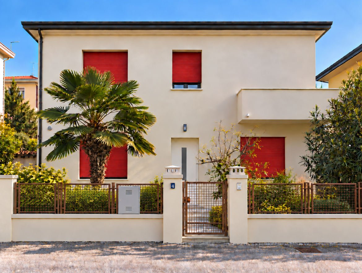 Facciata di Casa VV a Padova, abitazione degli anni Trenta, con intonaco chiaro, balcone e giardino sulla strada.