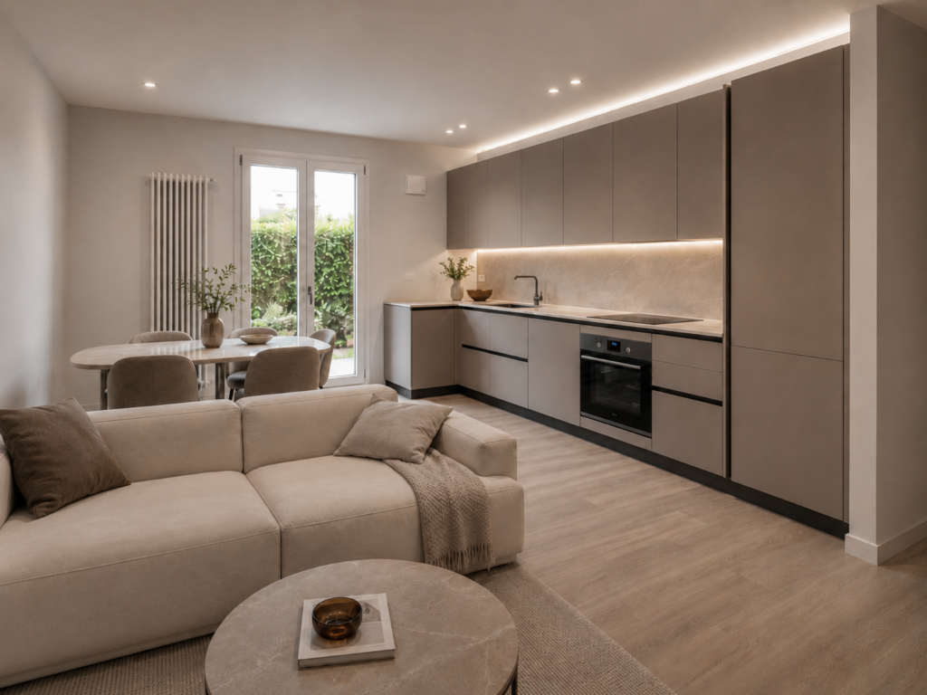 Evoluzione progettuale della zona giorno dell'Appartamento DB a Reschigliano